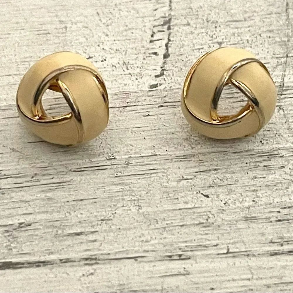 Monet Small gold tone and cream enamel post earrings